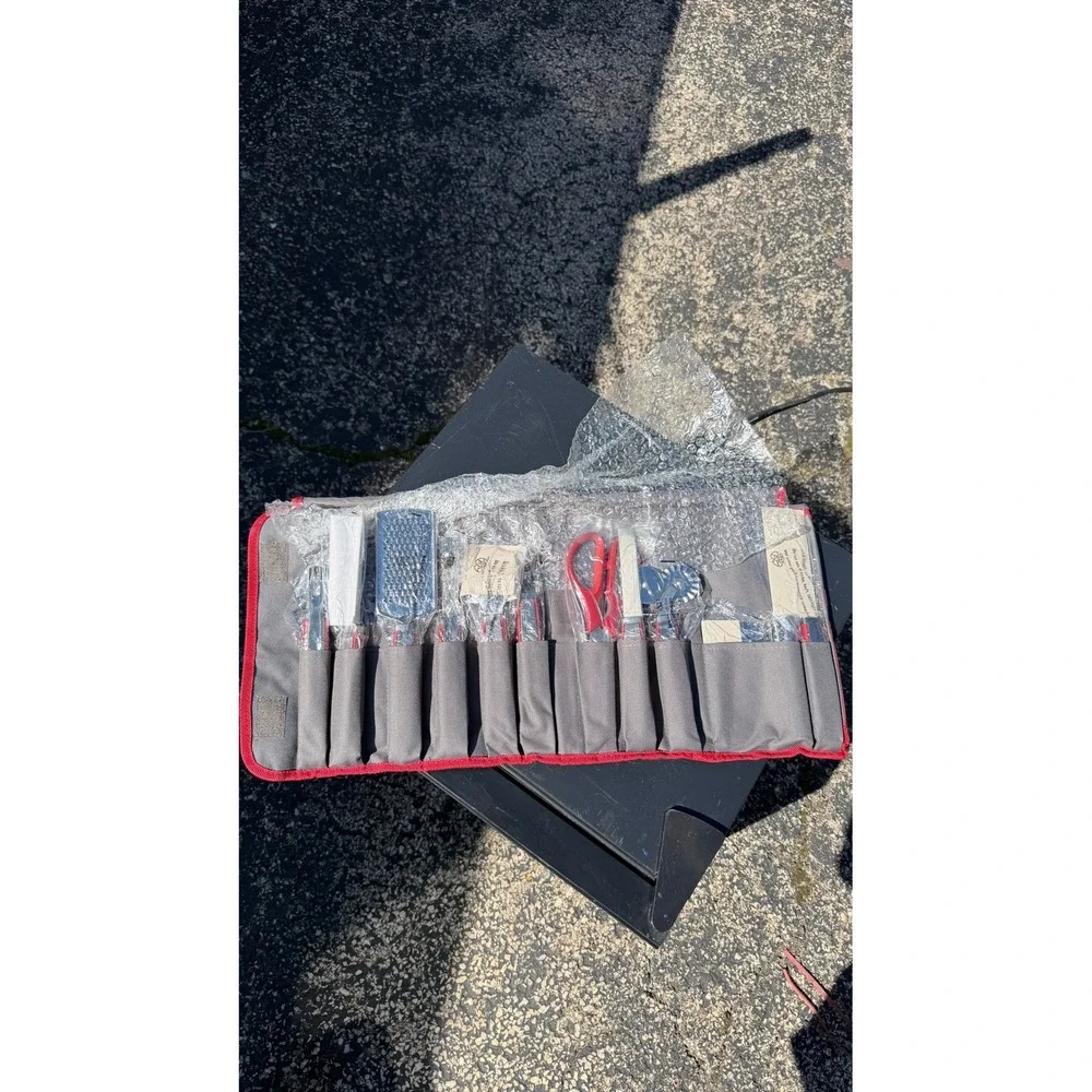 Wolfgang Puck Kitchen Tool Set with Grey Red Travel Roll Up Case 9 Piece Gadgets